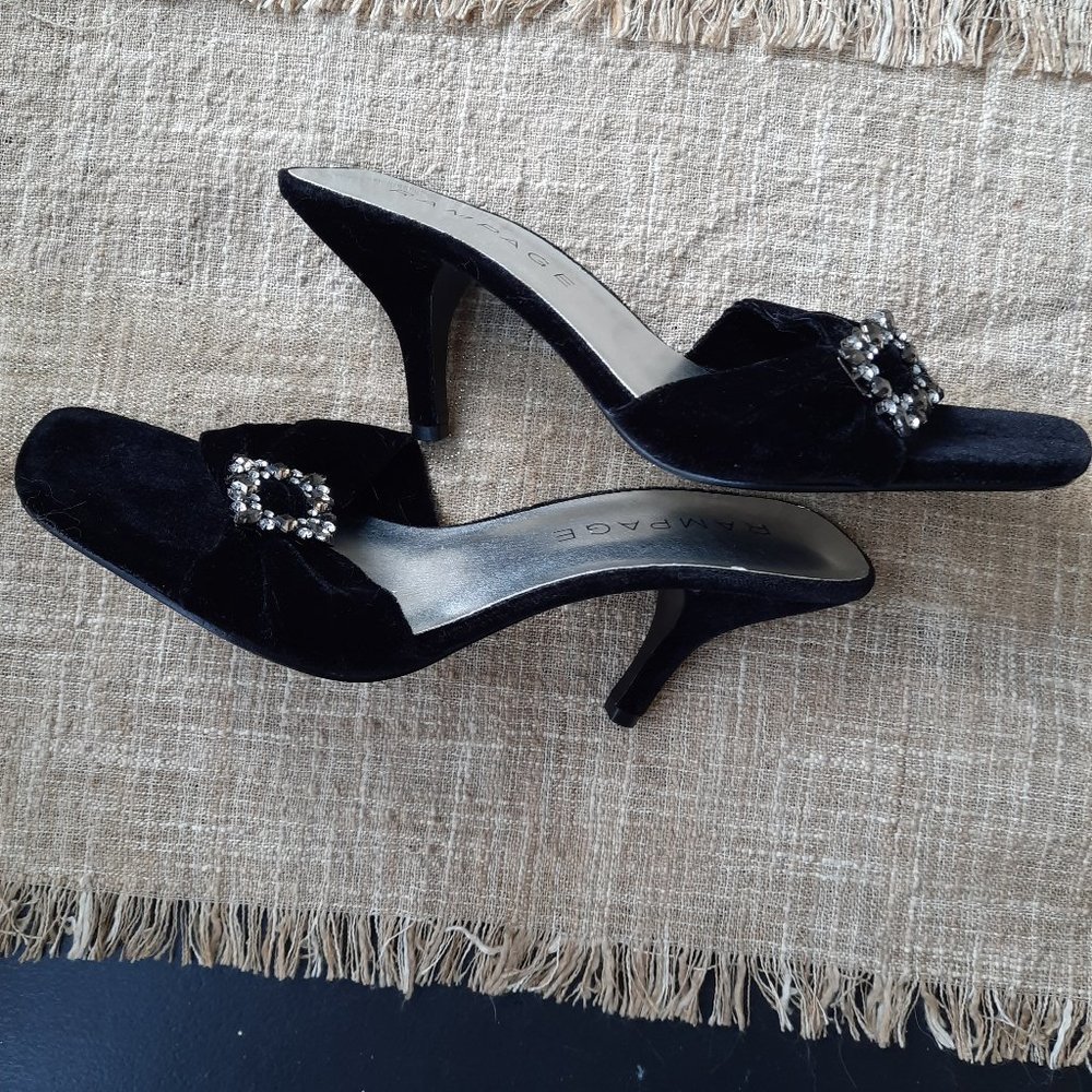 Rampage BlackVelvet Heels with Rhinestone Embellishment, Size 7.5
